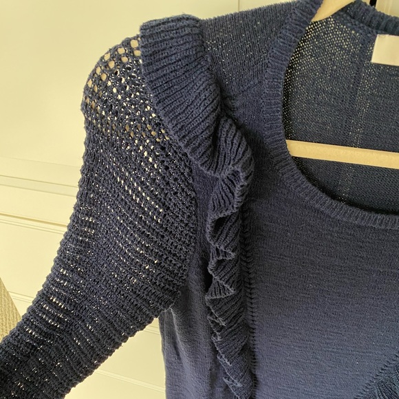 Ruffled navy sweater with knitted sleeves - Picture 2 of 7